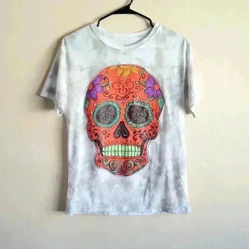 Skull graphic print short sleeve tee casual t-shirt size medium